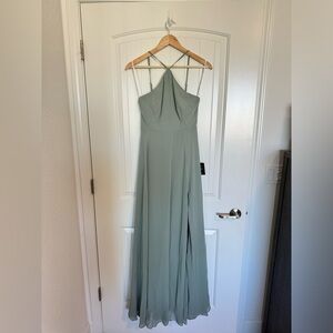 Lulu’s Sage Green Halter Style Strap High Slit Maxi Dress Size Small NWT